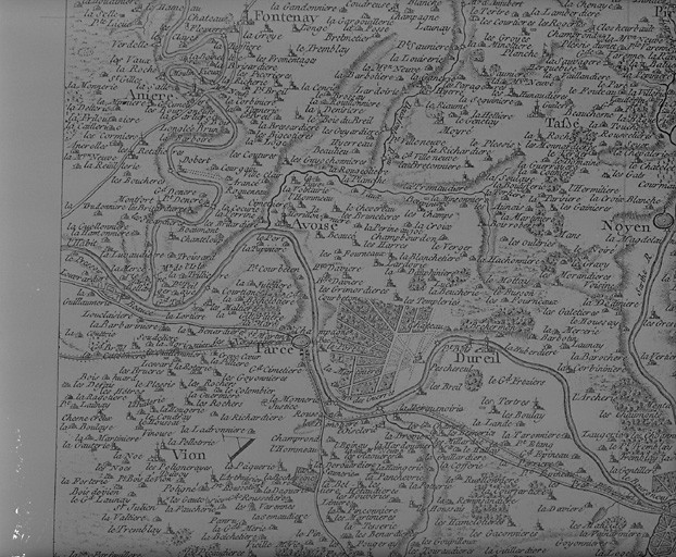 Extrait de la carte dite de Cassini, feuille 64 (détail) : Asnières-sur-Vègre, Avoise, Parcé-sur-Sarthe, Vion.