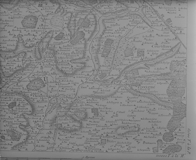 Extrait de la carte de Cassini, feuille 97 (détail) : Auvers-le-Hamon, Sablé-sur-Sarthe, Souvigné-sur-Sarthe.