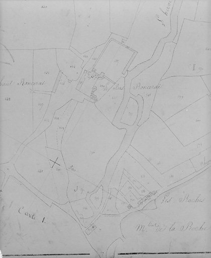 Le Bas-Ronceray. Extrait du plan cadastral de 1828, section 1, n° 629 à 631. Echelle 1/2000e.
