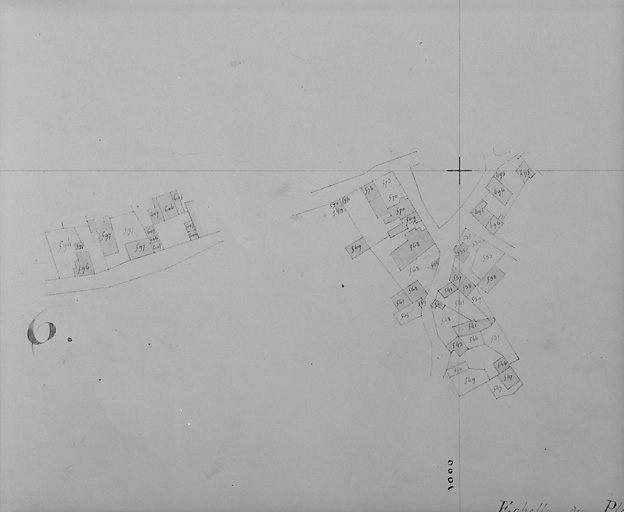 Extrait du plan cadastral de 1828, saction A3, agrandissement des parties sud et ouest. Ech. 1:1000.