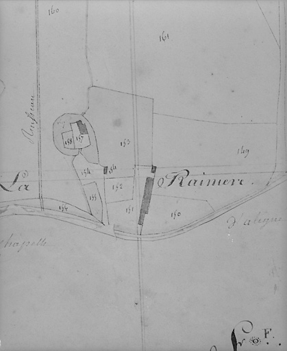 Extrait du plan cadastral de1828, section C1, n° 157 à 159. Ech. 1:1000.