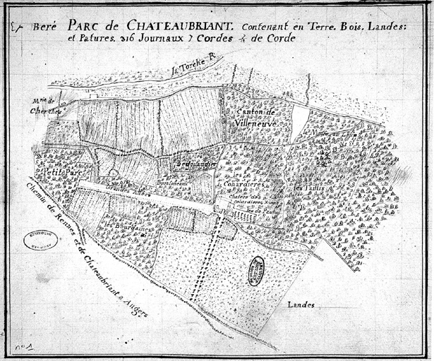 'Parc de Châteaubriant', plan de masse des Cohardières et du parc de chasse du château, reproduction d'après un plan du XVIIIe siècle conservé aux Archives nationales.