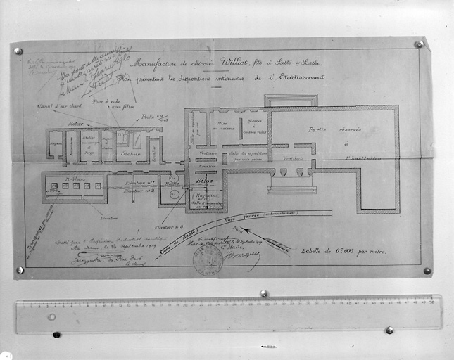 'Manufacture de chicorée Williot, fils à Sablé-sur-Sarthe. Plan présentant les dispositions intérieures de l'établissement '.