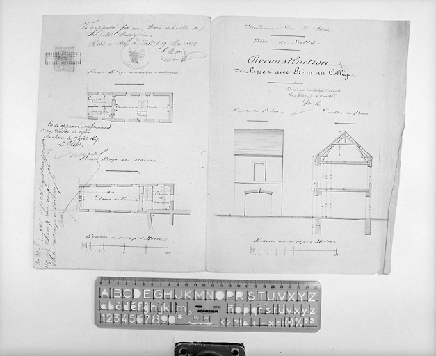 'Reconstruction de classes, premier étage de la maison d'habitation, premier étage des classes, façade du préau, combles du préau'.