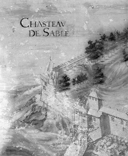 'Chasteau de Sablé', vue cavalière du château de Sablé (détail) : extrémité ouest de la courtine.