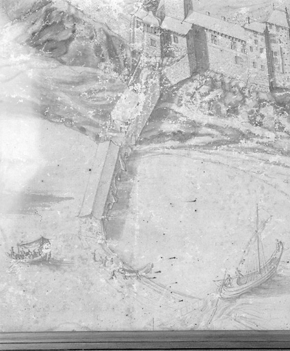 'Chasteau de Sablé', vue cavalière du château et de la ville de Sablé (détail) : les Grands-Moulins.