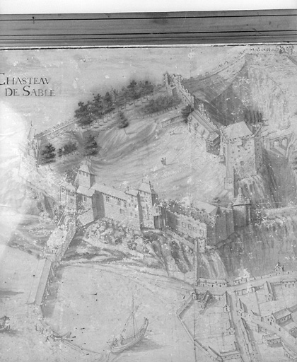 'Chasteau de Sablé', vue cavalière du château de Sablé (détail) : la cour.