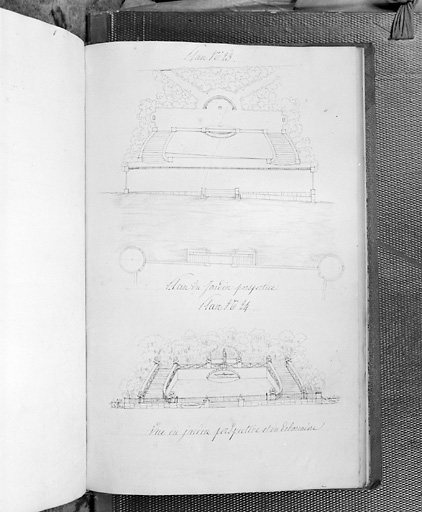 Projet de remaniement : 'Plan du jardin perspective, vue du jardin perspective et débarcadère'.