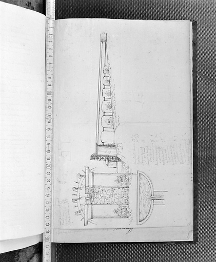 Noria : élévation de l'aqueduc, plan et coupe du réservoir.