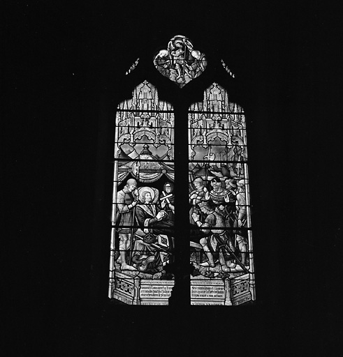 2 verrières (vitrail tableau) : sainte Clotilde priant pour la guérison de Clodomir, Baptême de Clovis, Mort de saint Louis, saint Michel pèse l'âme de saint Louis