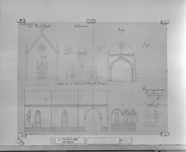 'Projet d'agrandissement et de restauration de l'Eglise de Précigné', coupes longitudinale, transversale, élévation ouest, élévation du clocher.