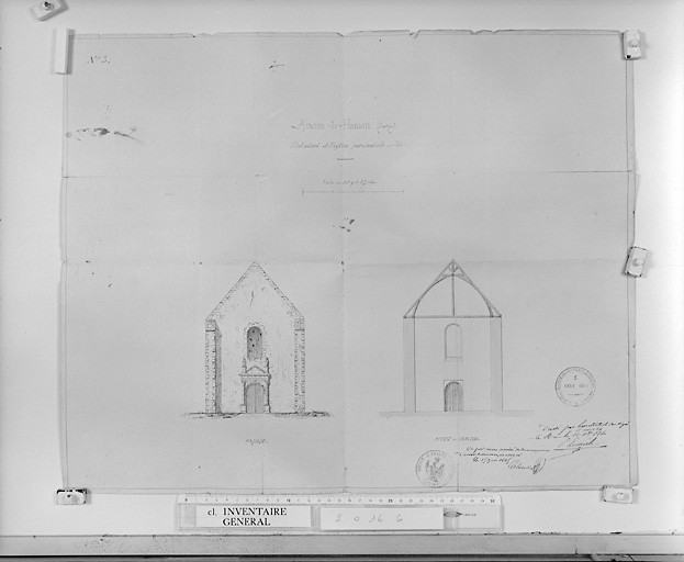 'Etat actuel de l'Eglise paroissiale. Façade Coupe en travers'.