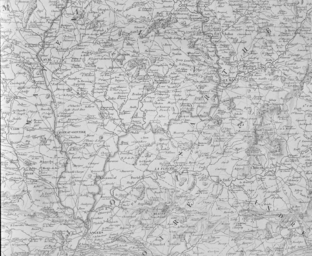 Extrait de la carte des provinces du Maine, de l'Anjou, de la Touraine divisées en quatre départements.