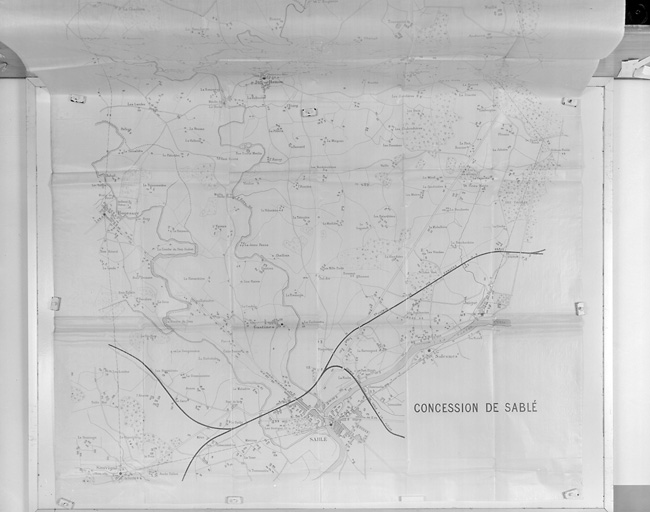 Extrait de la carte de situation des puits de mine de charbon de la Concession de Sablé : Juigné-sur-Sarthe, Sablé-sur-Sarthe.