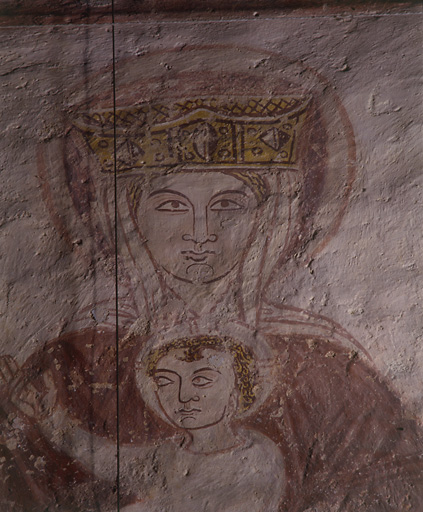 Nef, mur nord, partie centrale. Adoration des mages (détail) : bustes de la Vierge et de l'Enfant.