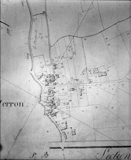 Partie sud-est du village, extrait du plan cadastral de 1824 (Verron), section A1, éch. = 1/2000e