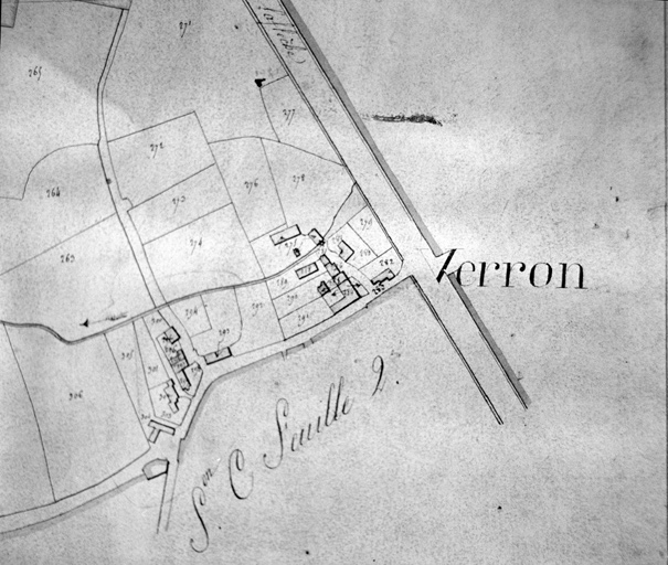 Partie nord-ouest du village, extrait du plan cadastral de 1824 (Verron), section B 1, éch. = 1/2000e