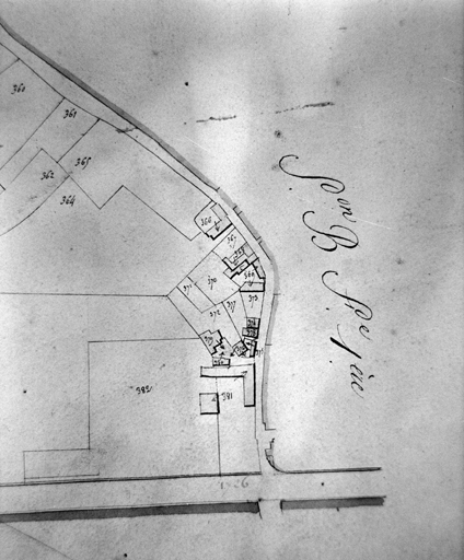 Partie sud-ouest du village, extrait du plan cadastral de 1824 (Verron), section C 2, éch. 1:2000.