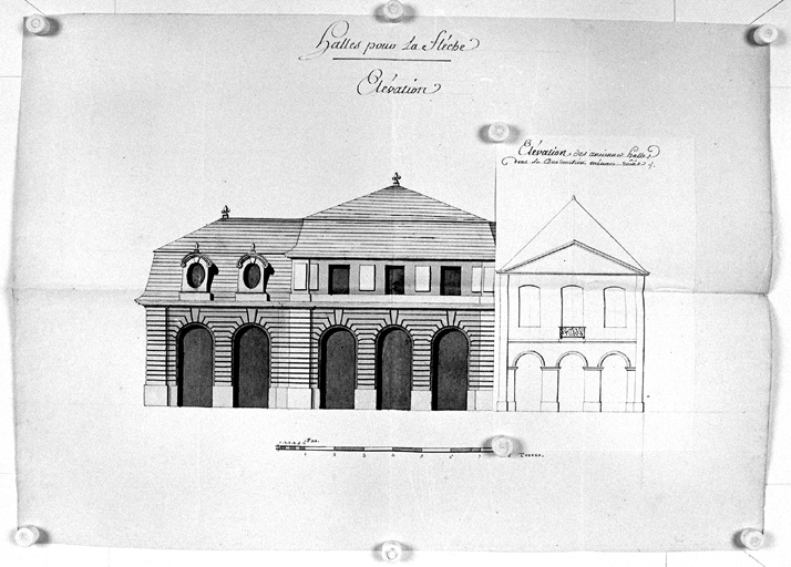 'Halles pour La Flèche', élévation antérieure avec retombe ('élévation des anciennes halles dont la construction menace ruine').