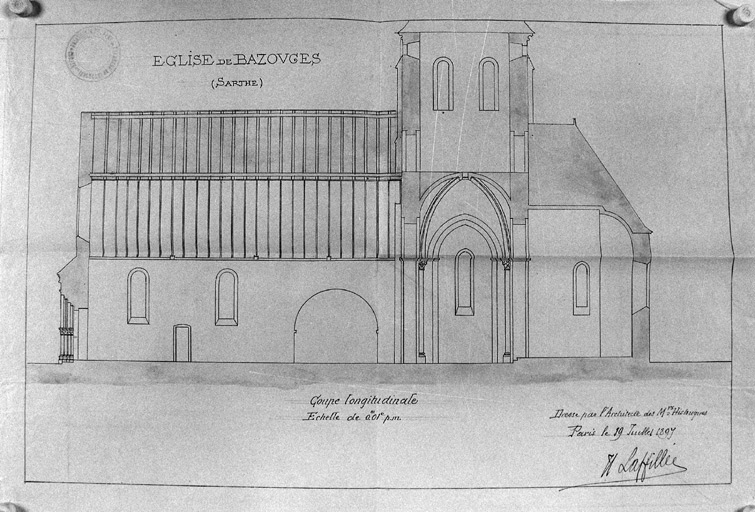 'Eglise de Bazouges, coupe longitudinale'.