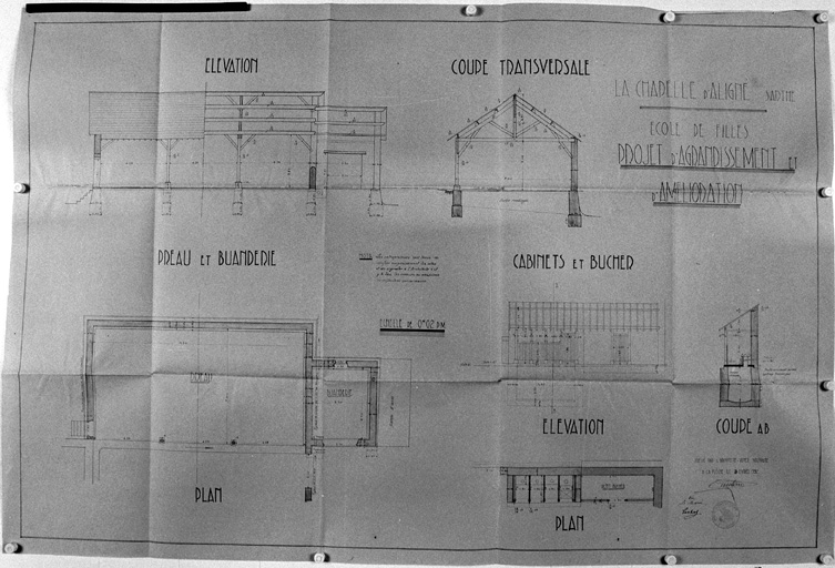 'Ecole des filles, projet d'agrandissement et d'amélioration, préau et buanderie : plan, élévation, coupe transversale, cabinets et bûcher : plan, élévation, coupe transversale'.