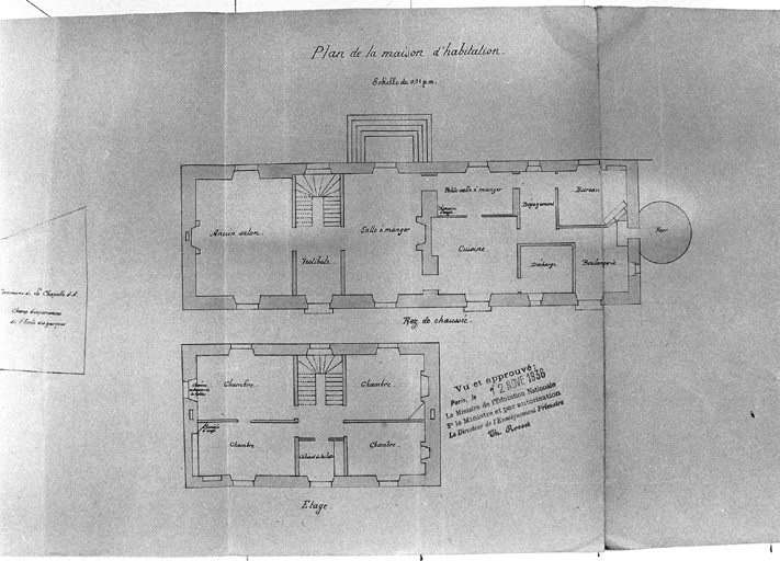 'Plan d'ensemble de l'ancien presbytère servant provisoirement d'école de filles, détail : plan de la maison d'habitation'.