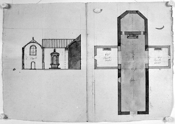 Projet de construction d'une chapelle, plan au sol de l'église, élévation et coupe de la chapelle.
