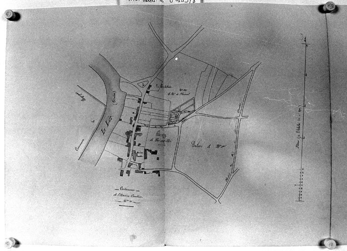 Plan du village situant l'ancien et le nouveau cimetières (détail), lavis, [s. n.], 1856