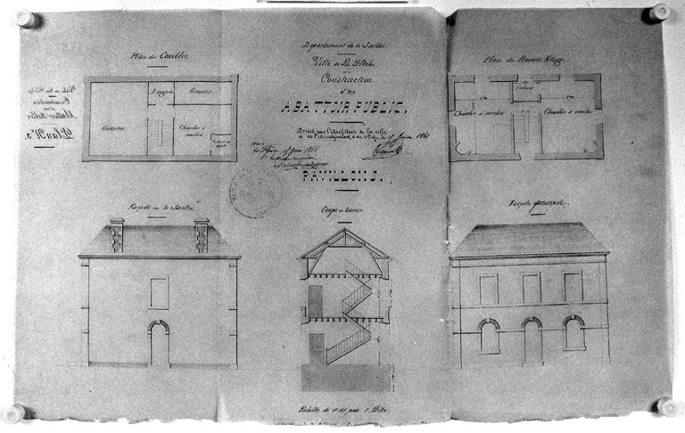 'Pavillons', plans, élévations, coupe.