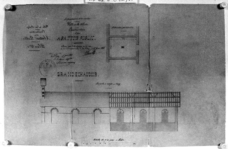 'Grand échaudoir', plan, élévation latérale, coupe longitudinale.