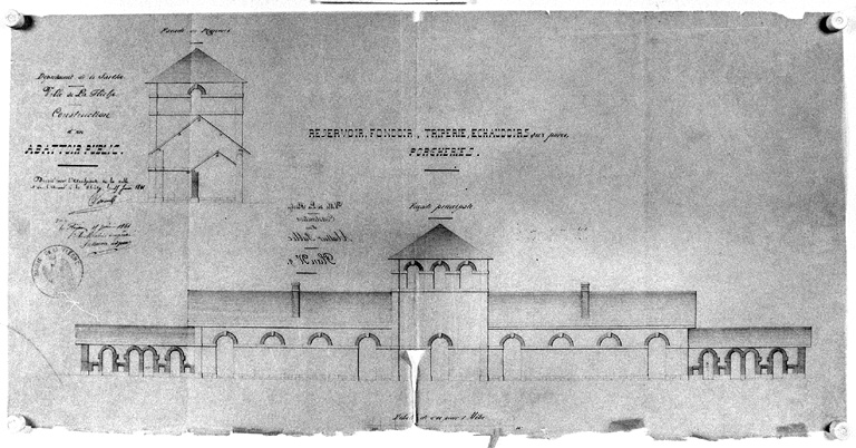 'Réservoir, fondoir, échaudoir aux porcs, porcheries', coupe transversale, élévation antérieure, lavis, par Edouard Sevin, 1861