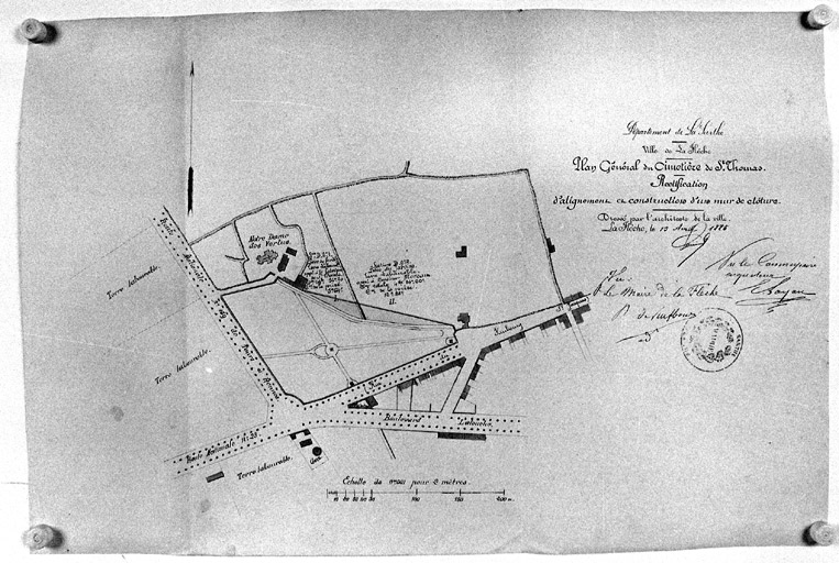 'Plan général du cimetière de Saint-Thomas, rectification d'alignement et construction d'un mur de clôture', lavis, par Edouard Sévin, 1885