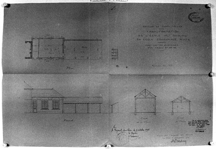 'Construction d'une classe, d'un préau et de WC', plan, élévation, coupes.