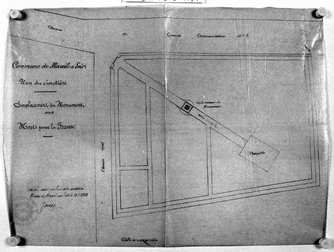 'Plan du cimetière. Emplacement du monument aux morts pour la France', dessin, [s. n.], 1920