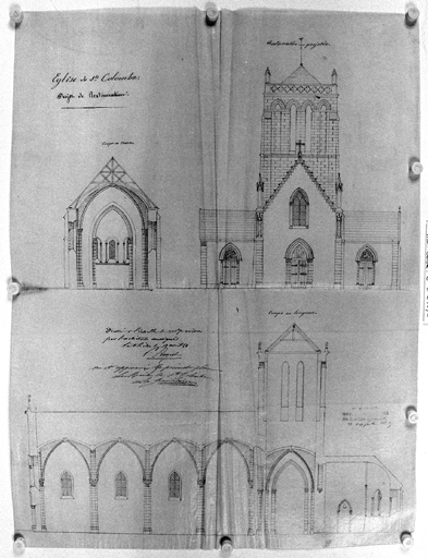 'Projet de restauration', élévation ouest, coupes.