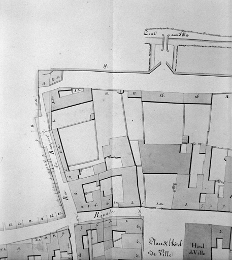 'Plan-voyer de la Ville de La Flèche, plan 6', détail, quartier de la rue du Rempart (est), lavis, par Trignart, 1825