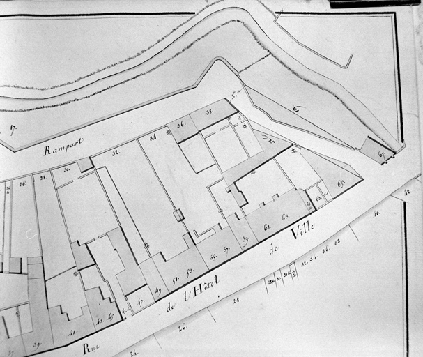 'Plan-voyer de la Ville de La Flèche, plan 6', détail, partie nord de la porte Saint-Germain, lavis, par Trignart, 1825