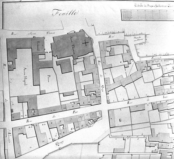 'Plan-voyer de la Ville de La Flèche, plan 7', détail, quartier de Saint-Thomas et de l'ancien hôtel-Dieu, lavis, par Trignart, 1825