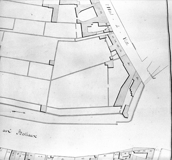 'Plan-voyer de la Ville de La Flèche, plan 8', détail, partie sud de la porte Saint-Germain, lavis, par Trignart, 1825