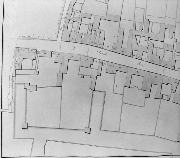 'Plan-voyer de la Ville de La Flèche, plan 8', détail, quartier de l'ancien château de la Varenne, lavis, par Trignart, 1825