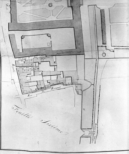 'Plan-voyer de la Ville de La Flèche, plan 5', détail, quartier de la rue du Rempart (ouest), lavis, par Trignart, 1825