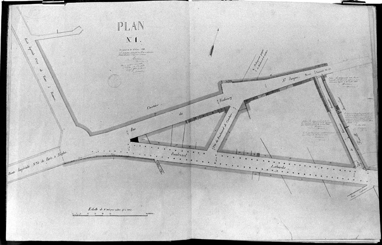 'Plan général des alignements de La Flèche', détail du plan 1, croisement du boulevard Latouche et de la rue Saint-Jacques.