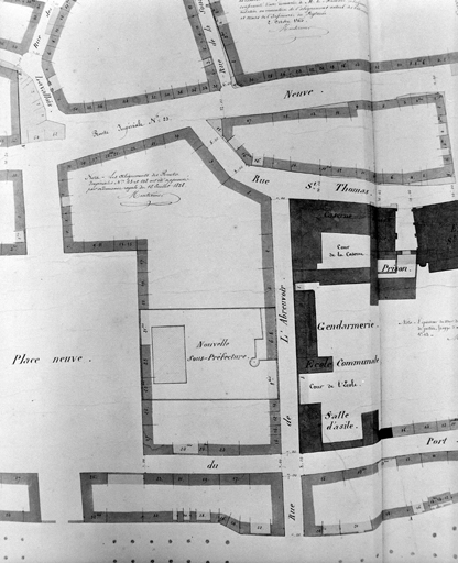 'Plan général des alignements de La Flèche', détail du plan 5, le quartier de la nouvelle sous-préfecture, lavis, par Monternier, 1861