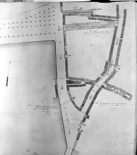 'Plan général des alignements de La Flèche', détail du plan 6, le quartier de la tannerie, lavis, par Monternier, 1861