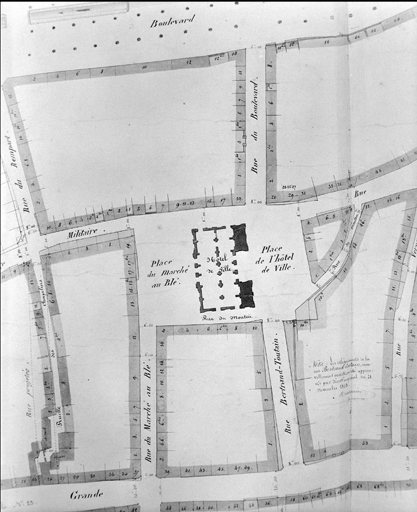 Plan de masse, extrait de l'atlas de la ville de La Flèche, détail du plan 7, lavis, par Monternier, 1861