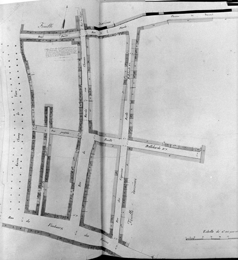 'Plan général des alignements de La Flèche', plan 11, le quartier du faunourg des Bans, par Monternier, 1861