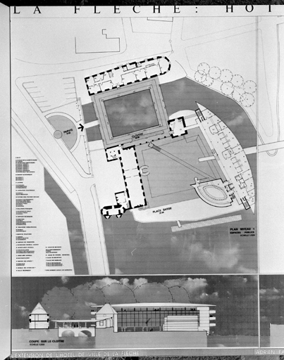 'Extension de l'Hôtel-de-Ville de la Flèche plan niveau 1, espaces publics, coupe sur le cloître'.