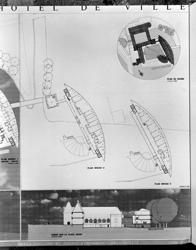 'Extension de l'Hôtel-de-Ville, plan de masse, plan niveau 2, plan niveau 3, coupe sur la place basse'.