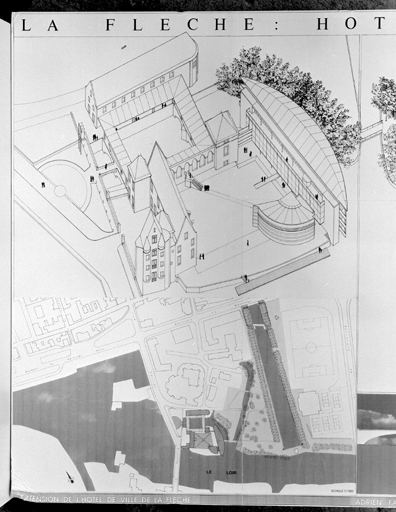 'Extension de l'Hôtel de Ville, plan de masse, vue cavalière'.