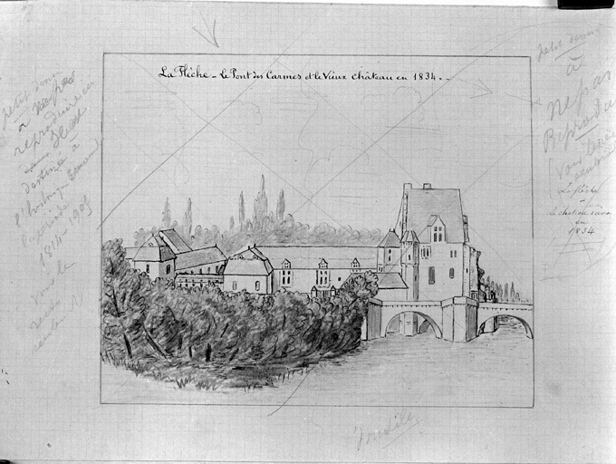 'Le pont des Carmes et le Vieux Château en 1834', dessin d'après un dessin du XIXe siècle, par Raoul Digard, [vers 1900]